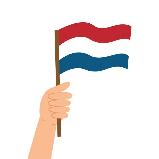 Vector illustration of Hand holding Dutch flag. Flag of the Netherlands.