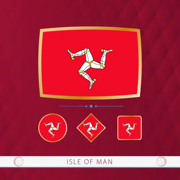 Vector illustration of Set of Isle of Man flags with gold frame for use at sporting events on a burgundy abstract background.