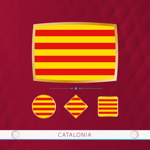 Vector illustration of Set of Catalonia flags with gold frame for use at sporting events on a burgundy abstract background.