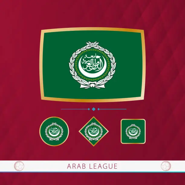 Vector illustration of Set of Arab League flags with gold frame for use at sporting events on a burgundy abstract background.