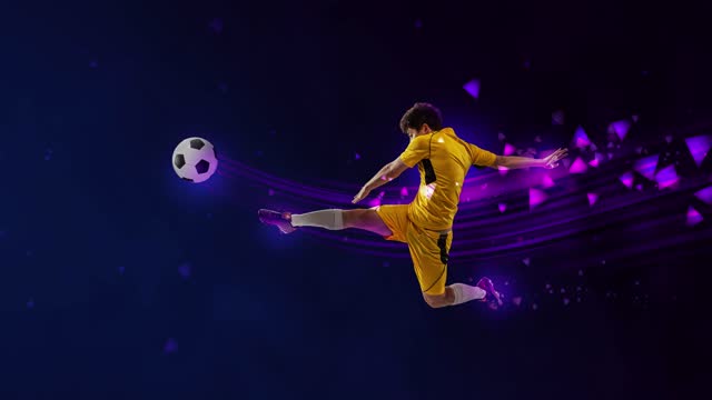 Stop motion, animation. Creative artwork with male soccer, football player in motion with ball isolated on dark background with fluid neon elements