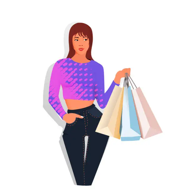 Vector illustration of Portrait of cheerful impressed girl dressed fashion sweatshirt hold shopping bags sale discount shopping isolated on white color background