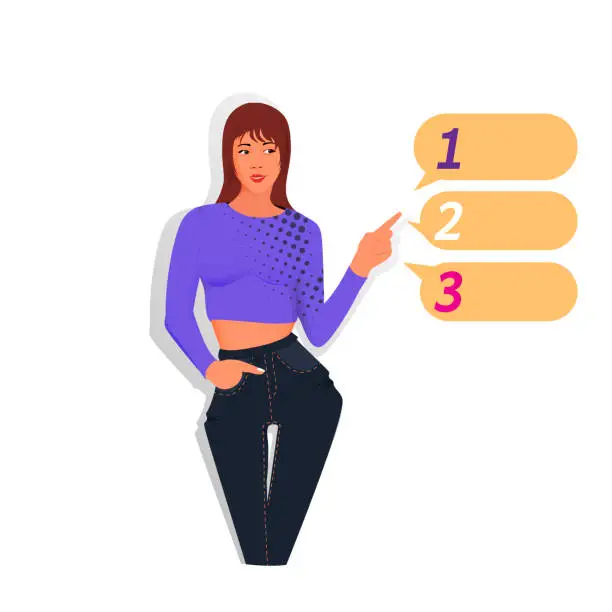 Vector illustration of teenager girl wearing white crop top blue trousers point finger empty space