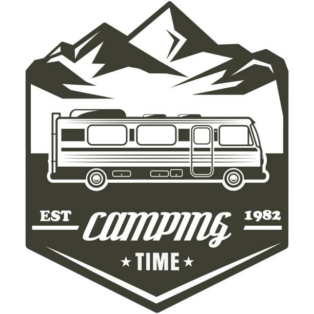 campingzeit vintage-vektor-logo isoliert auf weiß - tour bus stock-grafiken, -clipart, -cartoons und -symbole