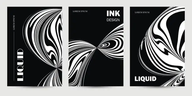 Vector illustration of Vector black and white ink wavy liquid effects poster card template banner abstract background illustratio for cover flyer invitation