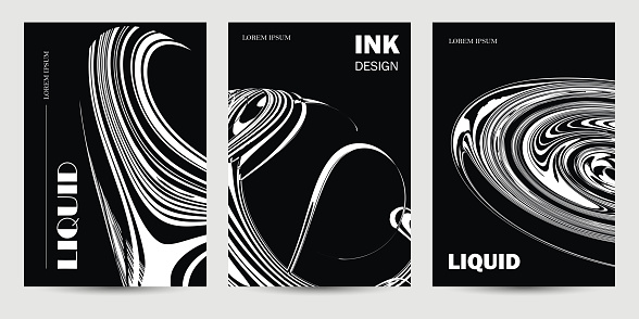 Vector black and white wavy liquid effects ink poster card template banner abstract background illustratio for cover flyer invitation