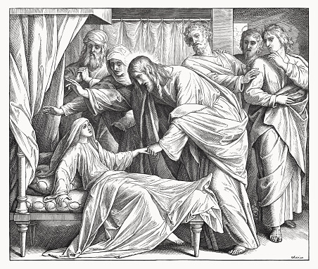 Jesus raises Jairus’ daughter (Mark 5, 41 - 42). Wood engraving by Julius Schnorr von Carolsfeld (German painter, 1794 - 1872), published in 1860.