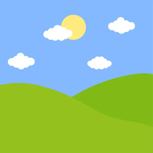 Vector illustration of green cartoon meadow sun. Hills horizon. Vector illustration.