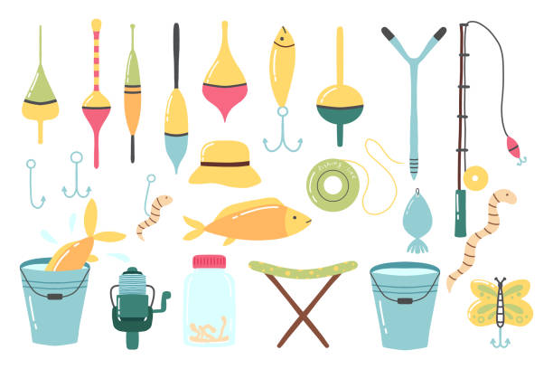 Fishing set. A set of tools for fishing. Flat style. Vector illustration. Fishing set. A set of tools for fishing. Flat style. Vector illustration. Fishing rod, hook, floats. fishing bait stock illustrations