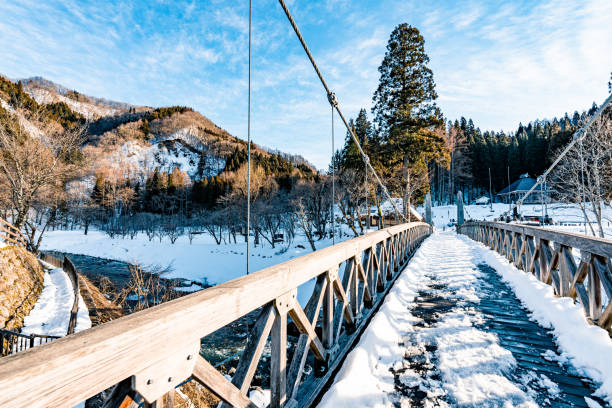 POV rear view of mid adult man crossing a suspension bridge while hiking in a forest