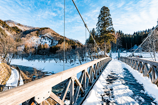 Oide Suspension Bridge is a beautiful bridge that spans Hime river in Hakuba village.