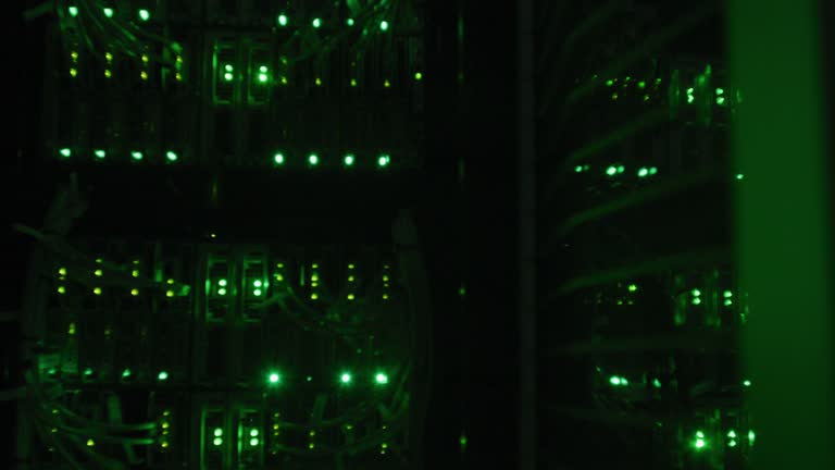 Data center, background and green lights of hardware servers, coding database and computer network. Closeup server room, cloud computing and storage of cybersecurity, innovation and programming code