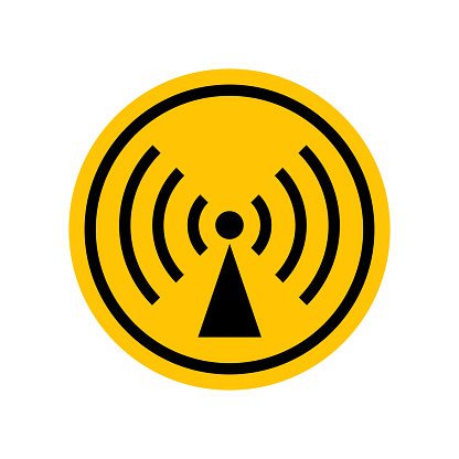 Non-ionizing radiation sign. Black danger icon on yellow round symbol. Vector illustration of radio emission. Hazard symbol. Danger pictogram, circle warning sign icon. Informing about risk or caution