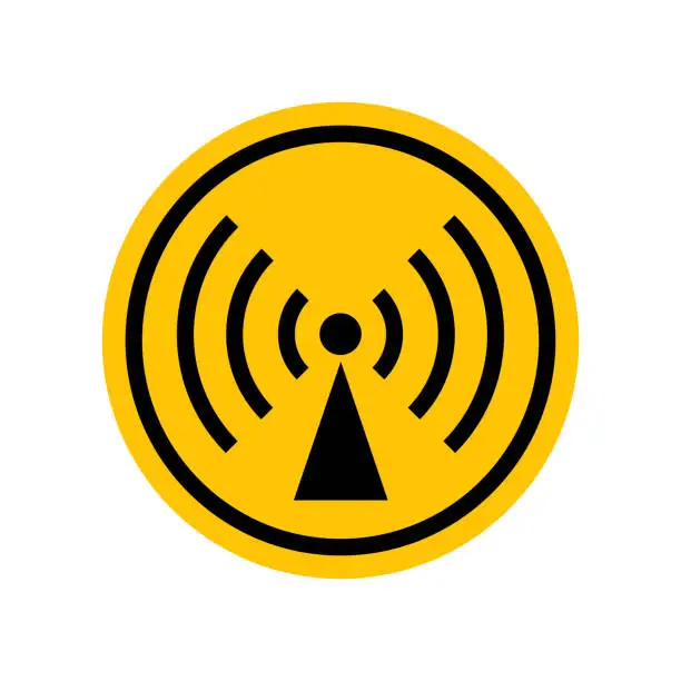 Vector illustration of Non-ionizing radiation sign. Black danger icon on yellow round symbol. Vector illustration of radio emission.