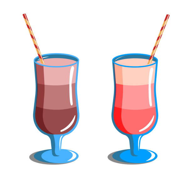 ilustrações de stock, clip art, desenhos animados e ícones de pink cocktail, punch, mocktail, smoothie with freshly squeeze berry juice or syrup. pink drink in glass with ice cube, strawberry and straw. top view. cartoon vector illustration isolated on white - ice cube cold mint punch