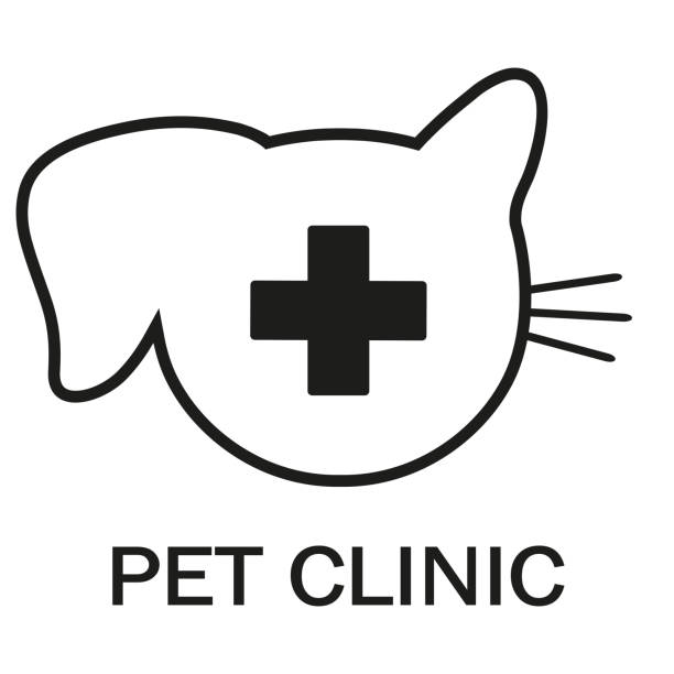 동물 병원 로고 그림입니다. 의료 십자가가있는 애완 동물의 머리 실루엣 - vet symbol dentist healthcare and medicine stock illustrations