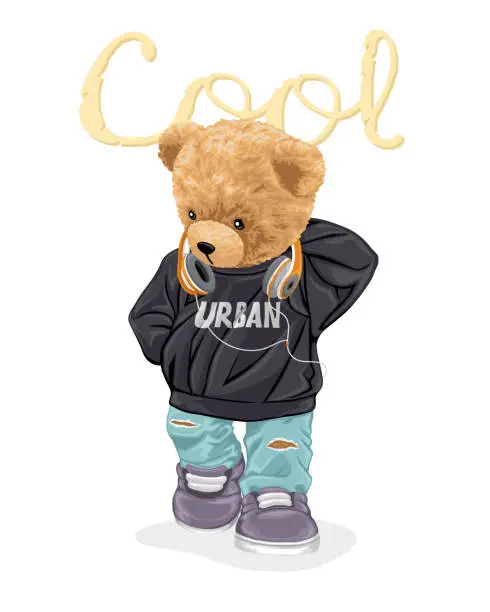 Vector illustration of Hand drawn vector illustration of cool teddy bear with headphones