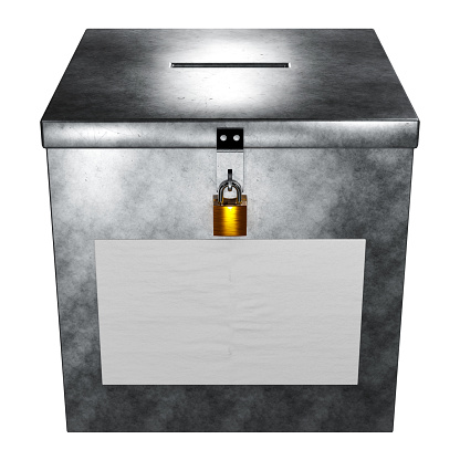 Metal ballot box with a blank white paper banner, rendered in 3D.
