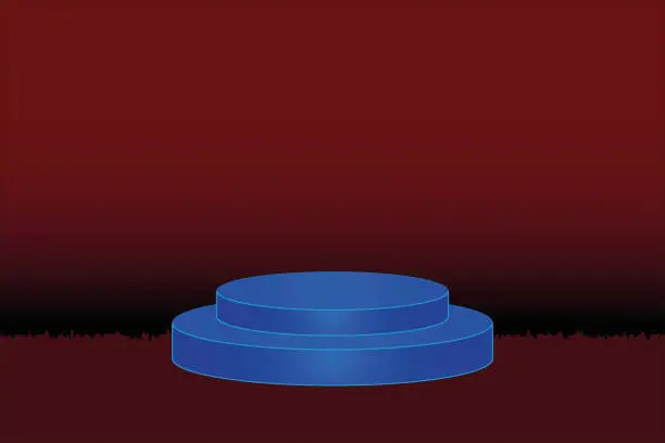 Vector illustration of 3d product display podium. Blue cylinder pedestal on dark red background.