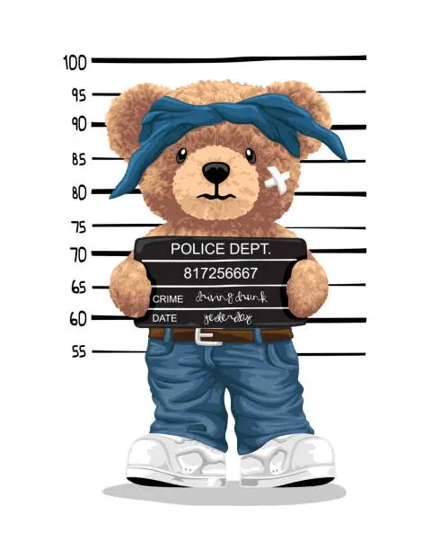 Vector illustration of Hand drawn teddy bear cartoon in gangster style arrested posing for mugshot