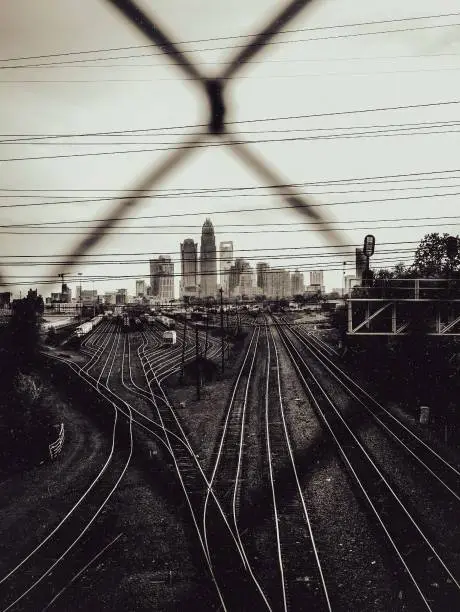 Photo of Film-look railroad tracks and rail road yard in Charlotte NC