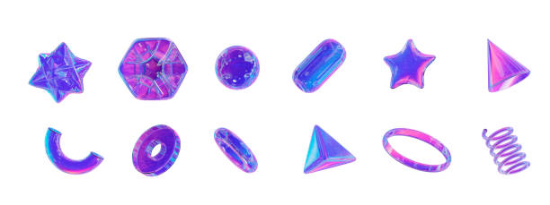 istock 3d set holographic geometric shape: square, cylinder, sphere, pyramid, torus, star, cone, icosphere. Metal simple figures with grid for your design on white isolated background. 3d rendering 1480320141