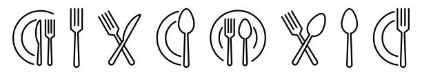 Cutlery vector icon set. Fork, Spoon and Knife icons. Silverware icons. Black silverware icon Cutlery vector icon set. Fork, Spoon and Knife icons. Silverware icons. Black silverware icon. clip art of a forks stock illustrations