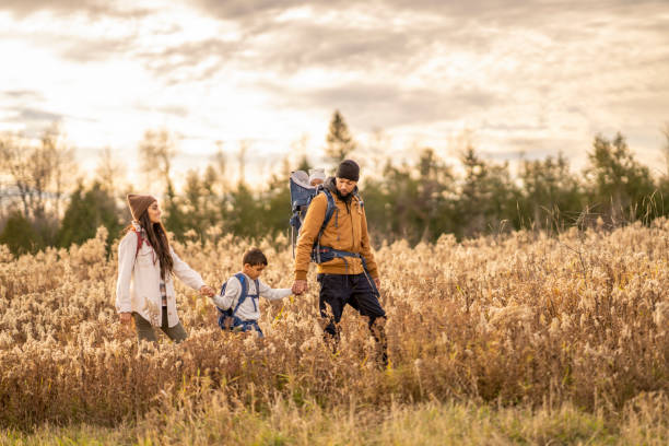 Hiking Through the Grass A young family of four hike their way through the tall grass on a cool fall day.  They are each dressed warmly in layers as they explore in nature together. 6 11 months stock pictures, royalty-free photos & images