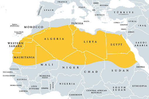 The Sahara, desert on African continent, political map. Largest hot desert in the world,  making up most of North Africa, located between the fertile regions on Mediterranean Sea coast, and the Sahel.