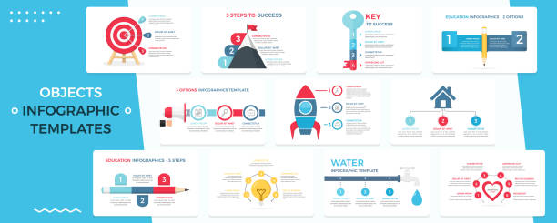 Objects - Business Infographic Templates Set of infographic templates with different objects - target with arrows, heart, bulb, pencil, key to success, vector eps10 illustration top 3 stock illustrations