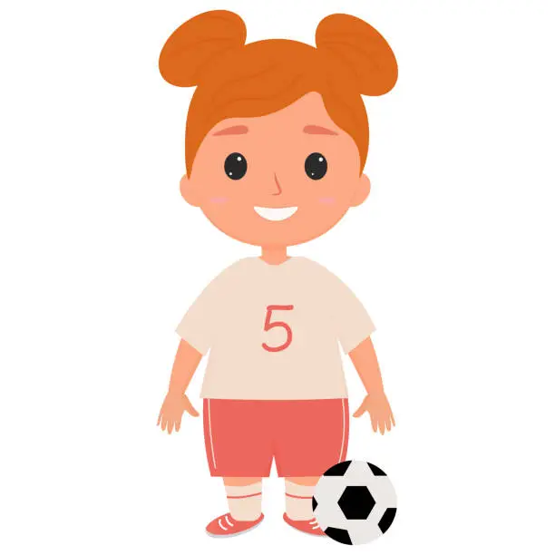 Vector illustration of cute red-haired girl in a sports uniform with a soccer ball. Vector illustration