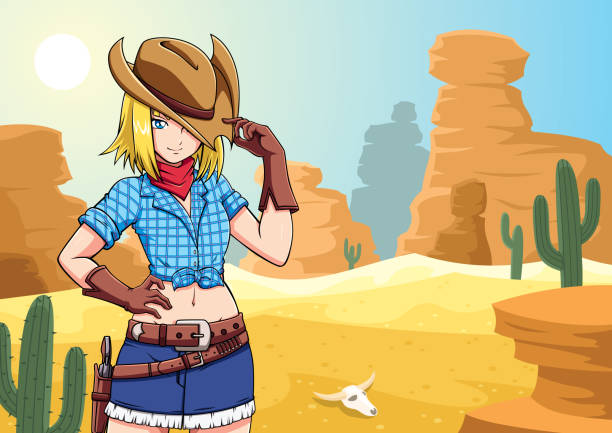 anime cowgirl in desert - fashion women denim farm stock illustrations