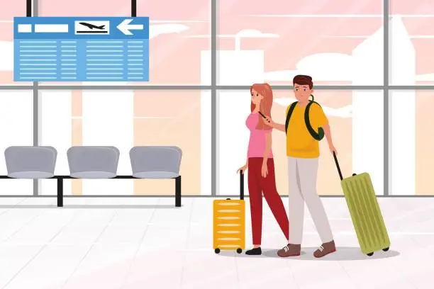 Vector illustration of Young happy couple walking indoor at the airport.