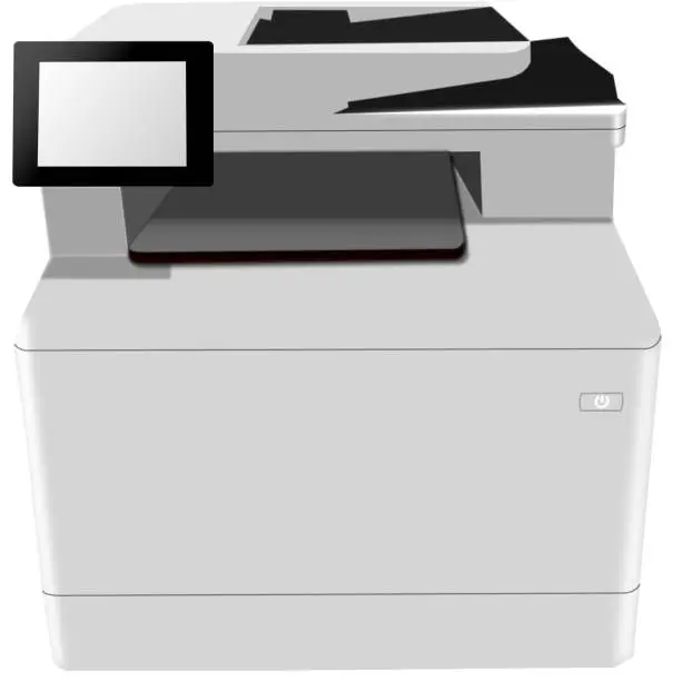 Vector illustration of Computer graphic of printer in black and white.