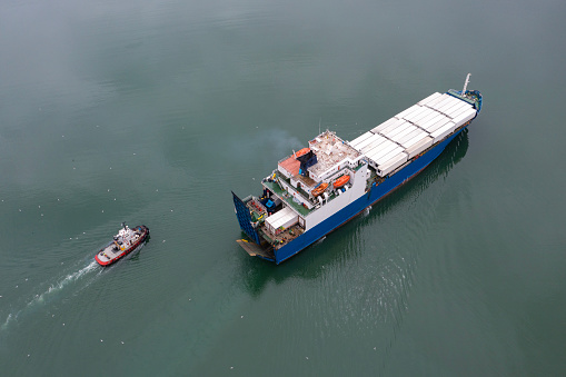 Aerial image of a Large RoRo (Roll on/off) Vehicle carrier