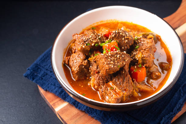 istock Food concept Korean spicy Beef stew on black background with copy space 1480333814
