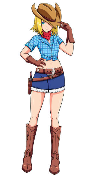 anime cowgirl na białym - fashion women denim farm stock illustrations