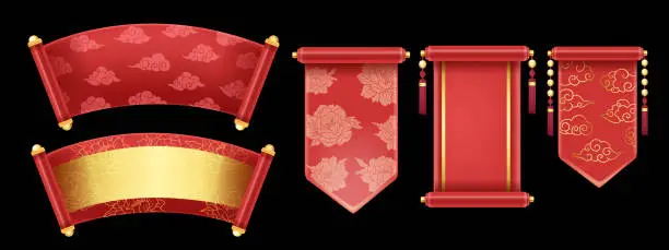 Vector illustration of 3D Chinese scroll set, festive banner kit, red vector royal asian game UI traditional design element.