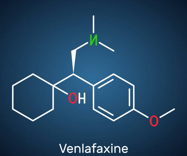 illustrazioni stock, clip art, cartoni animati e icone di tendenza di molecola del farmaco antidepressivo della venlafaxina. è usato per il trattamento della depressione maggiore. formula chimica strutturale sullo sfondo blu scuro. - h major