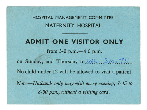 A card admitting one visitor to a patient, Mrs Smith, in a 1950s British maternity hospital, between the hours of 3.00pm and 4.00pm on Sunday and Thursday. Husbands allowed to visit (without visiting card) every evening from 7.00pm to 8.30pm. Children under 12 years of age not allowed! (Hospital name removed.)