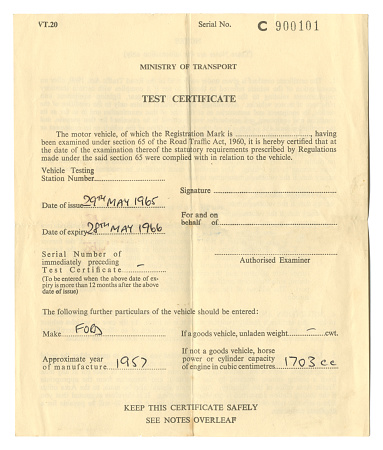 An old British M.O.T. (‘Ministry of Transport’) certificate issued in 1965 to certify that a vehicle was examined and met required safety standards. Identifying details removed.