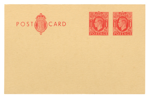 Blank vintage yellowed postcard, circa 1890, back side with old german bavarian post and meter stamp, and text PostCard and Postal union, isolated on white background