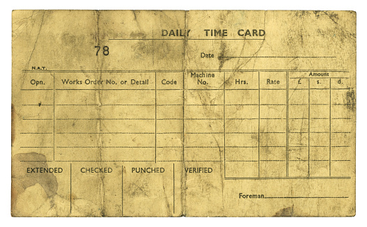 A worker’s daily time record card, which has led a hard life. British, probably 1950s. All identifying details have been removed so you can add your own.