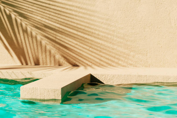 tropical summer background with concrete wall, pool water and palm leaf shadow. - swimming pool resort swimming pool poolside sea imagens e fotografias de stock