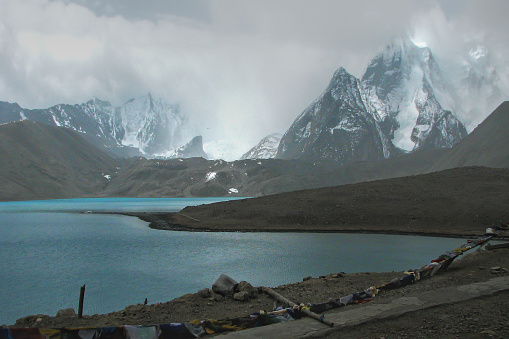 Gurudongmar Lake, one of the highest lakes in the world and India,17,800 ft, Sikkim, India. Considered sacred by Buddhists, Sikhs and Hindus. The lake is named after Guru Padmasambhava, Guru Rinpoche.