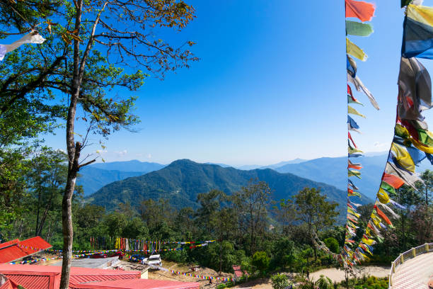 Beautiful front side view of Samdruptse Monastery with Himalayan mountains in the background. Samdruptse is a huge buddhist memorial statue in Sikkim, India.