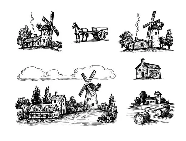 Vector illustration of Rural scenery ink sketches.