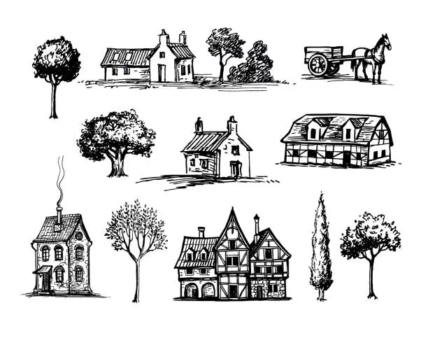 Vector illustration of Old village ink sketches.