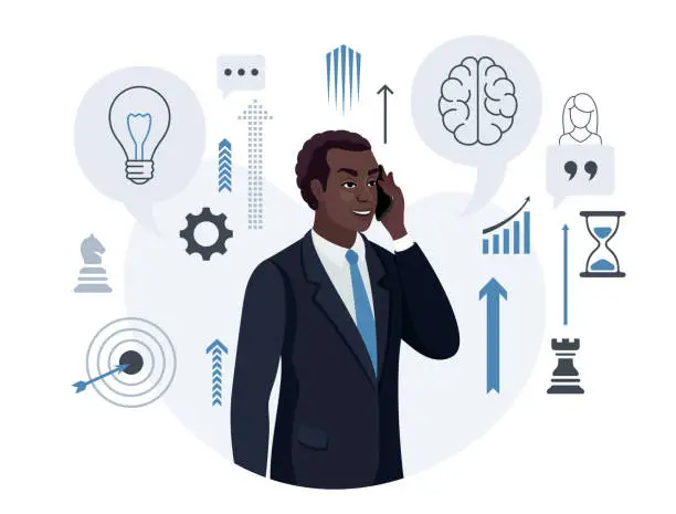 Vector illustration of African American Businessman using smartphone. Business idea, plan strategy and solution concept.