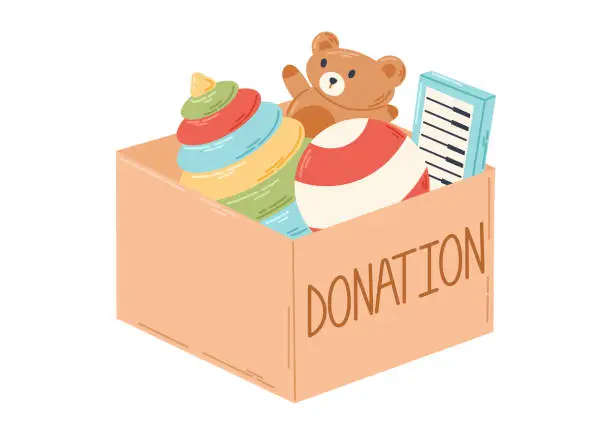 Vector illustration of Cartoon Cardboard Donation Box with Toys. Social support for poor children. Flat illustration of pyramid, teddy bear, piano and ball.